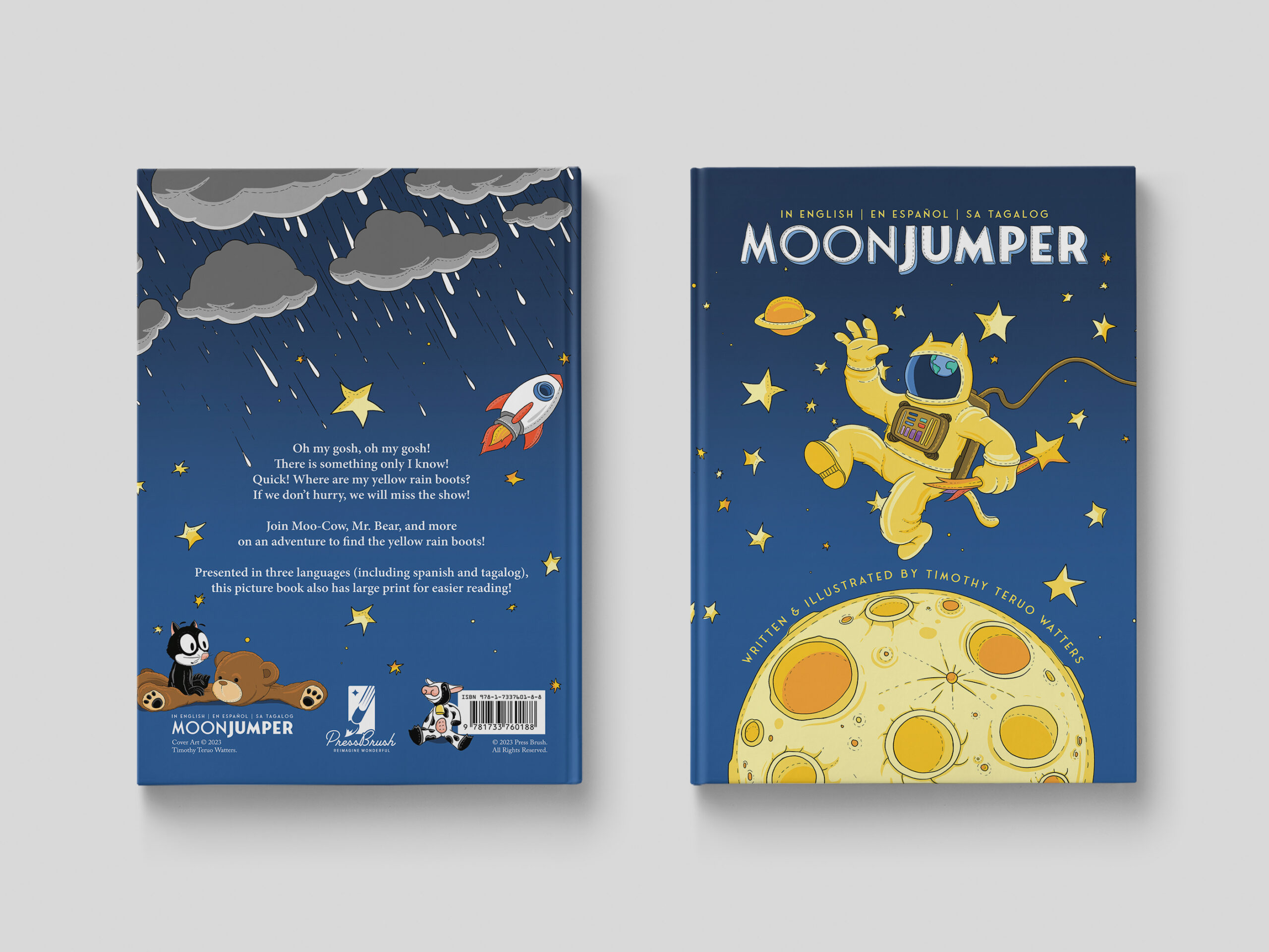 Image of the back and cover of the book Moonjumper written and illustrated by Timothy Teruo Watters