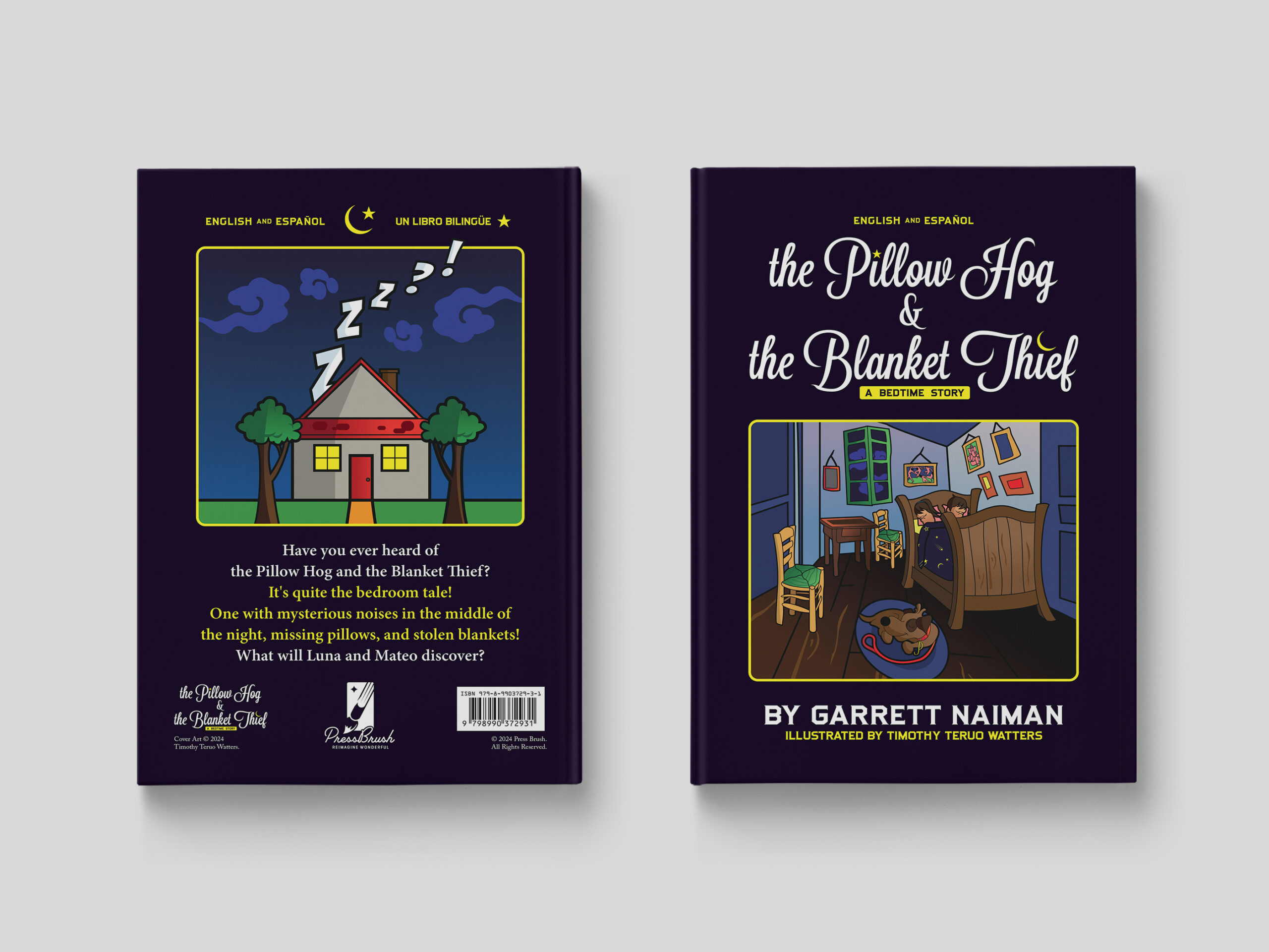 Image of the back and front cover of The Pillow Hog and the Blanket Thief Written by Garrett Naiman and Illustrated by Timothy Teruo Watters