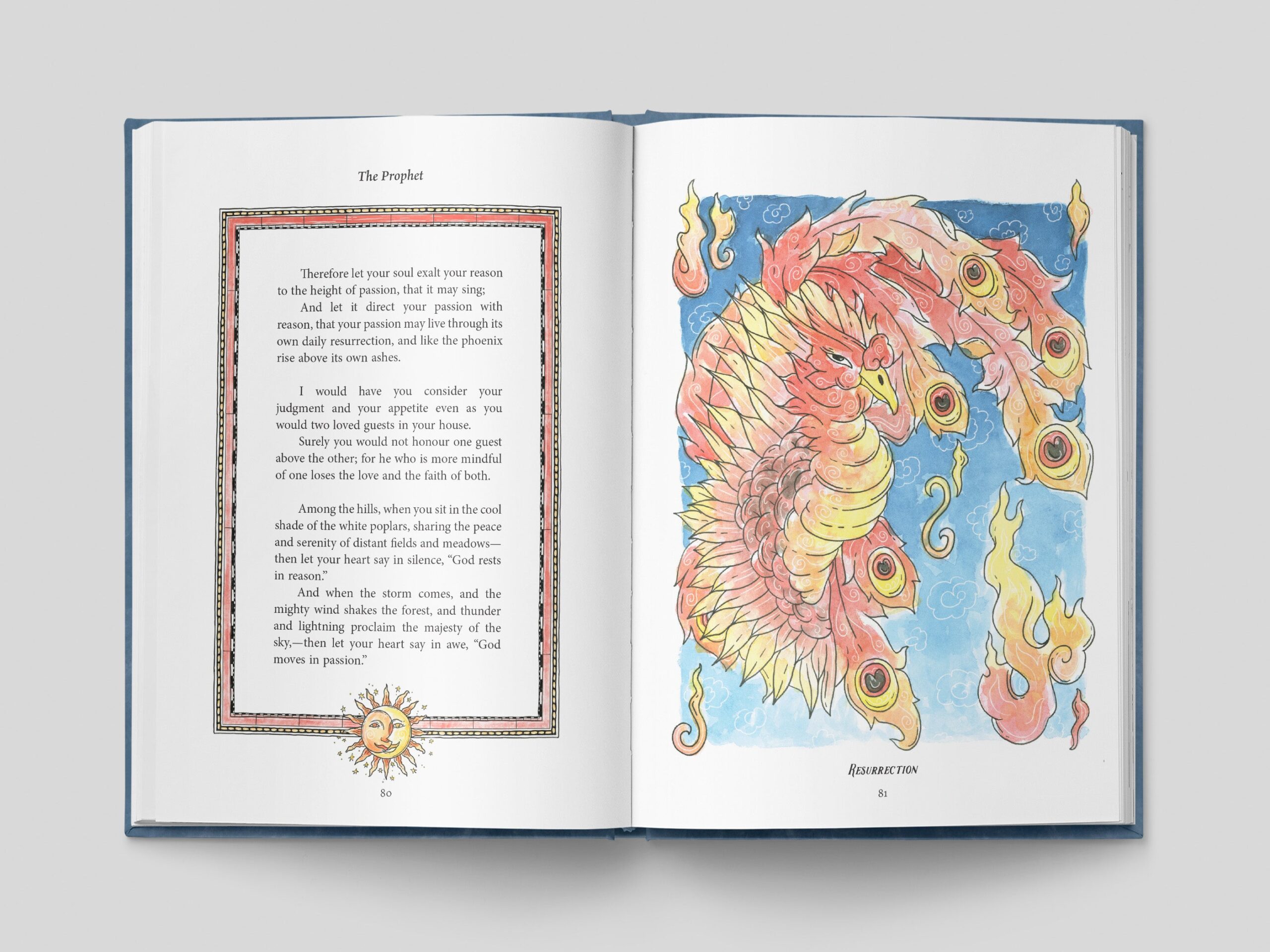 Image of a two-page layout of The Prophet Illustrated by Timothy Teruo Watters showing Khalil Gibran's text on the left and an image of a phoenix on the right.