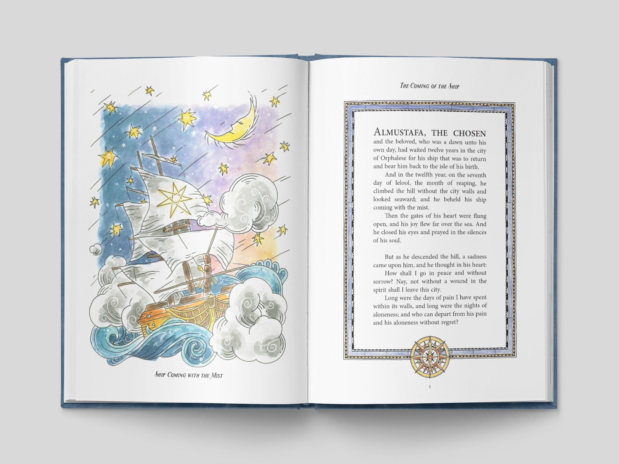 Image of the opening two-page layout of The Prophet Illustrated by Timothy Teruo Watters showing an illustration of a ship on the left and Khalil Gibran's text on the right.